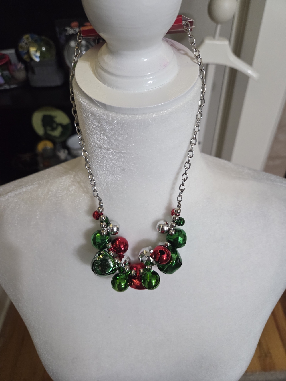 Festive Green & Red Cluster Bell Christmas Necklace